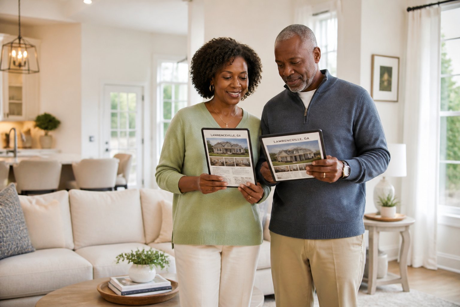 A middle-aged couple in a bright living room comparing two home options on brochures or tablets, with a cozy downsized home interior visible in the background.