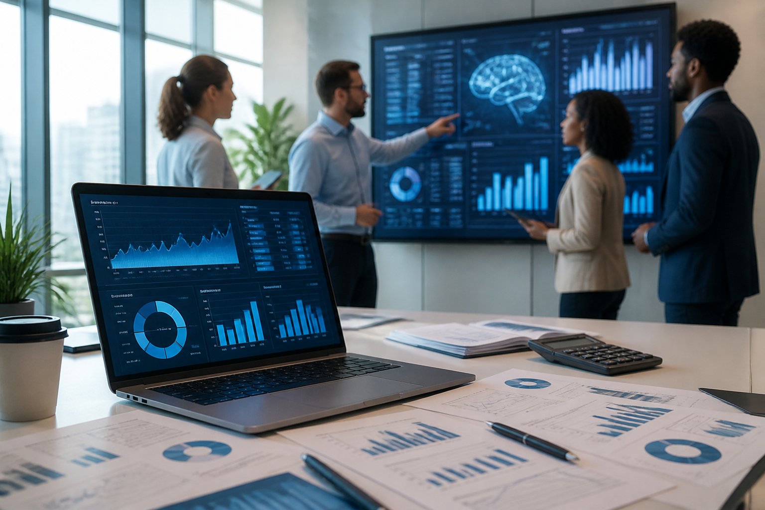 Eine Gruppe von Geschäftspersonen diskutiert vor einem digitalen Bildschirm mit Finanzdaten, während im Vordergrund ein Laptop mit Diagrammen und Kostenanalysen zu sehen ist.