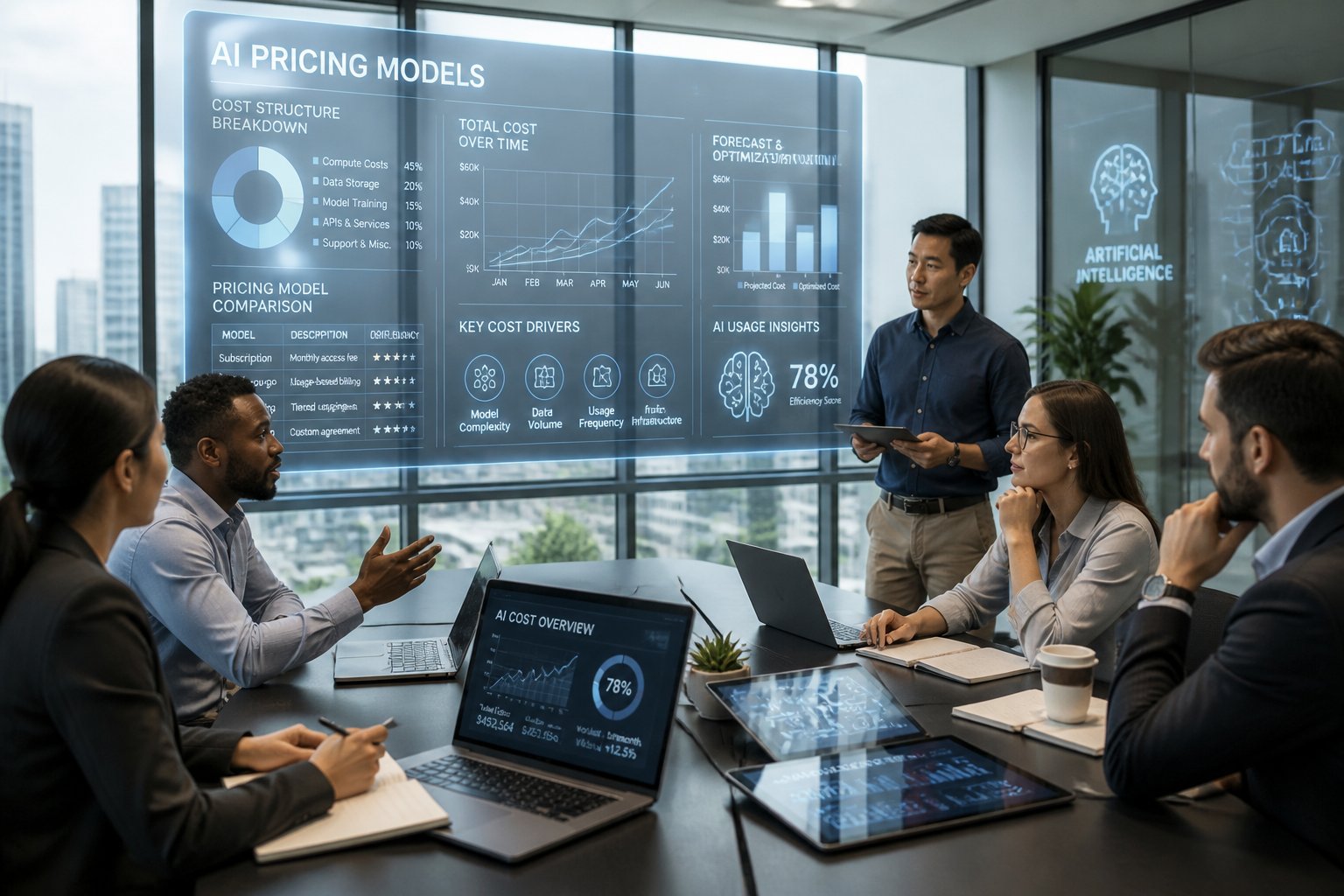 Geschäftsleute in einem modernen Büro besprechen KI-Kosten an einem Konferenztisch mit digitalen Bildschirmen und Datenvisualisierungen.