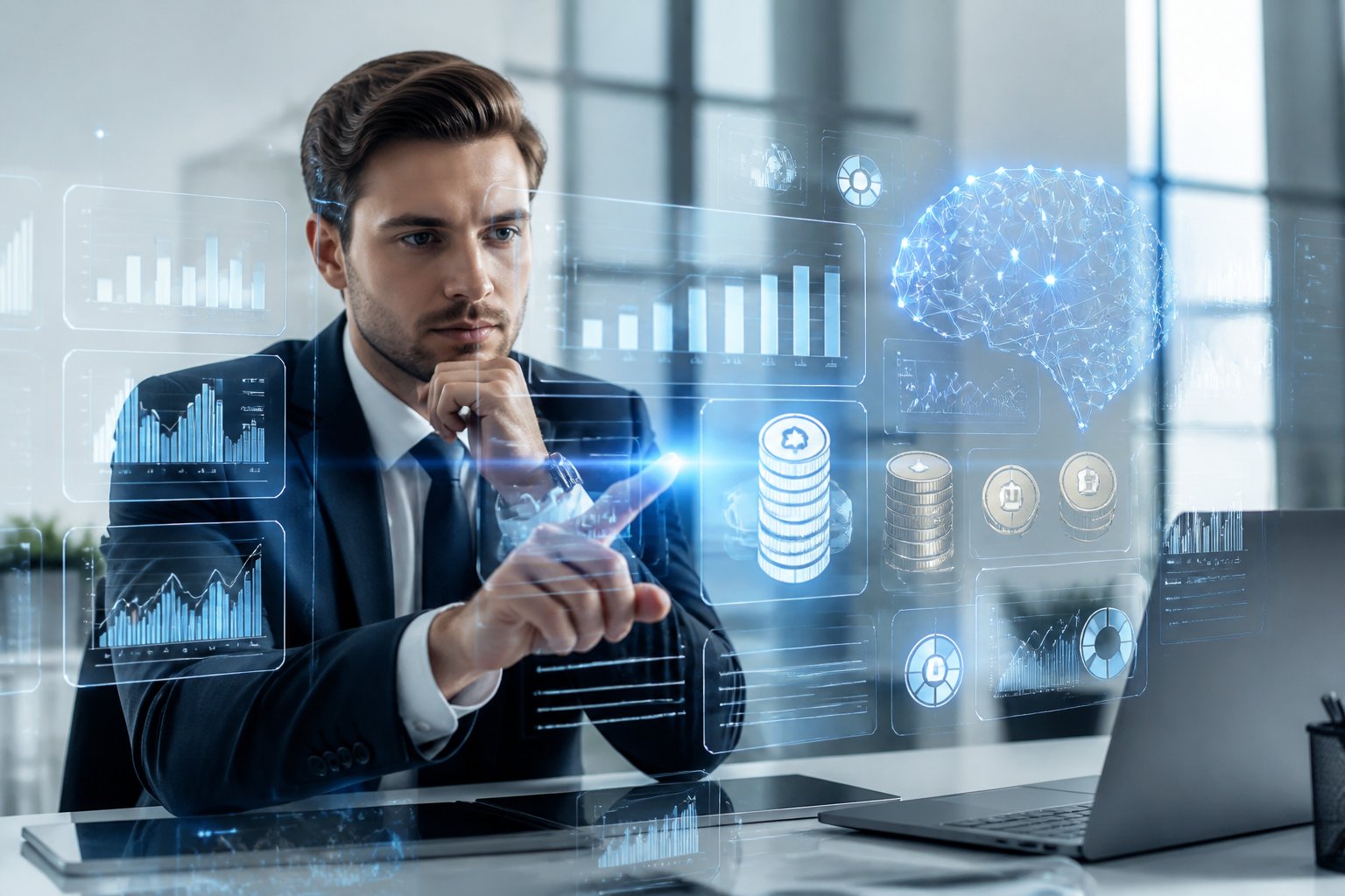 Ein Geschäftsmann analysiert digitale Daten und Diagramme in einem modernen Büro mit futuristischen Elementen im Hintergrund.