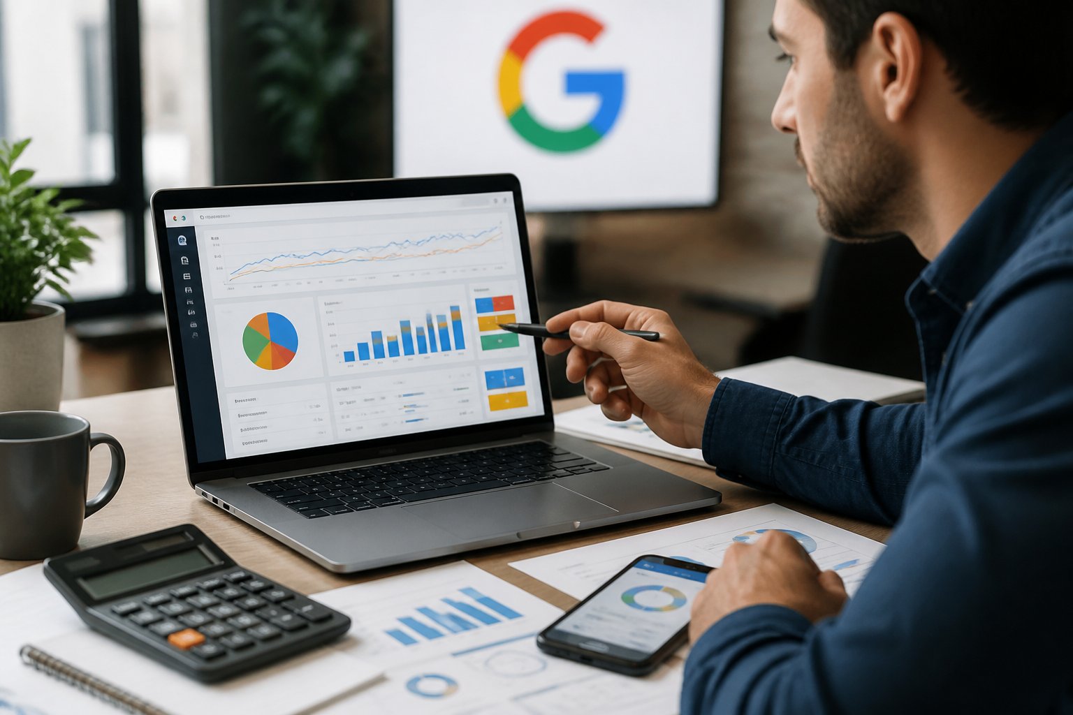 Ein Büro mit einem Laptop, auf dem digitale Marketingdiagramme zu sehen sind, eine Person zeigt mit einem Stift auf den Bildschirm, um die Kosten von Online-Werbung zu besprechen.