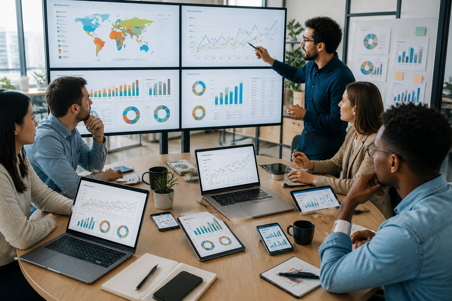 Geschäftsleute analysieren digitale Werbedaten auf mehreren Bildschirmen in einem modernen Büro.