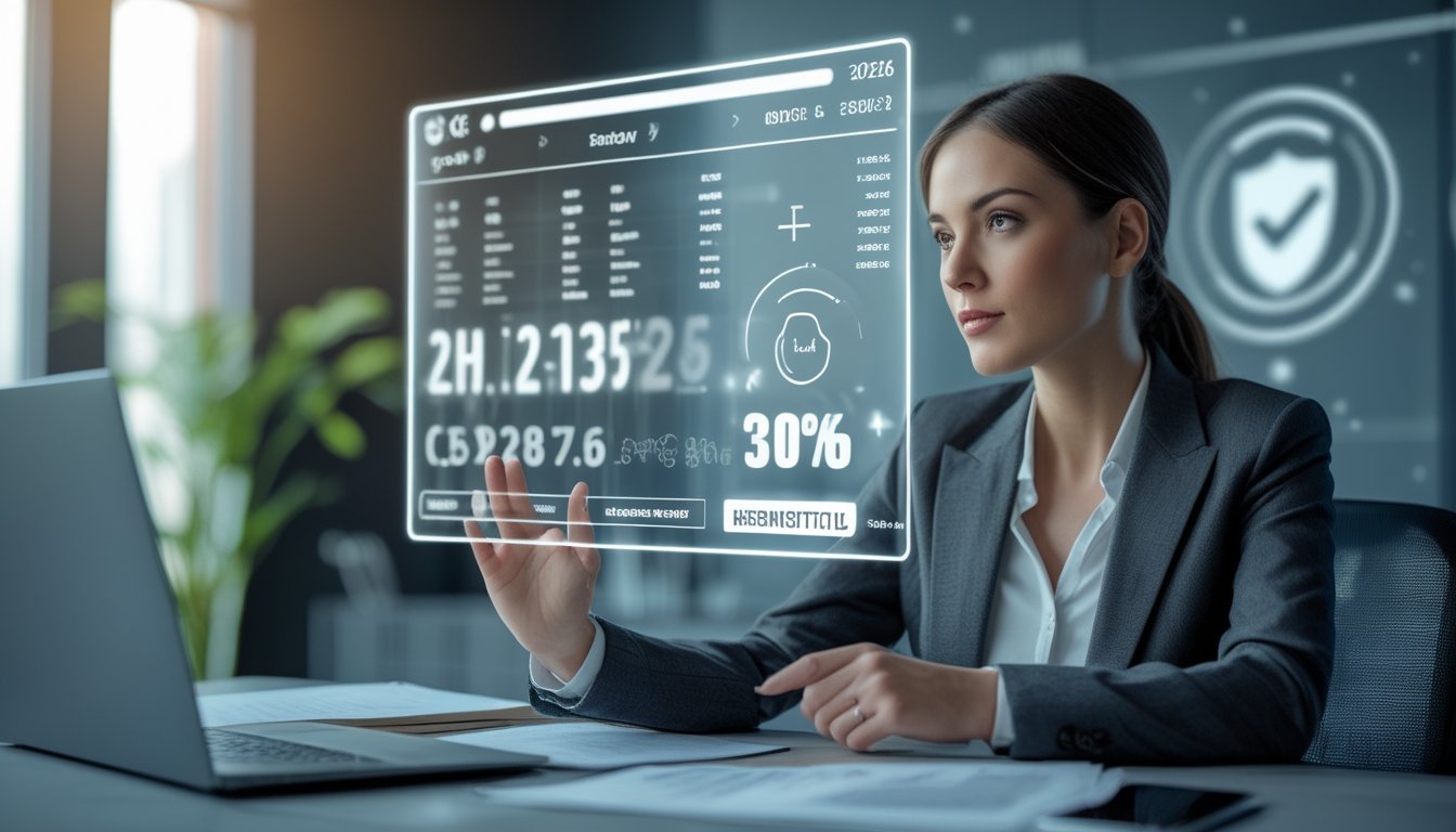Seorang wanita bisnis sedang menganalisis data di layar digital di kantor modern dengan alat kerja di meja.