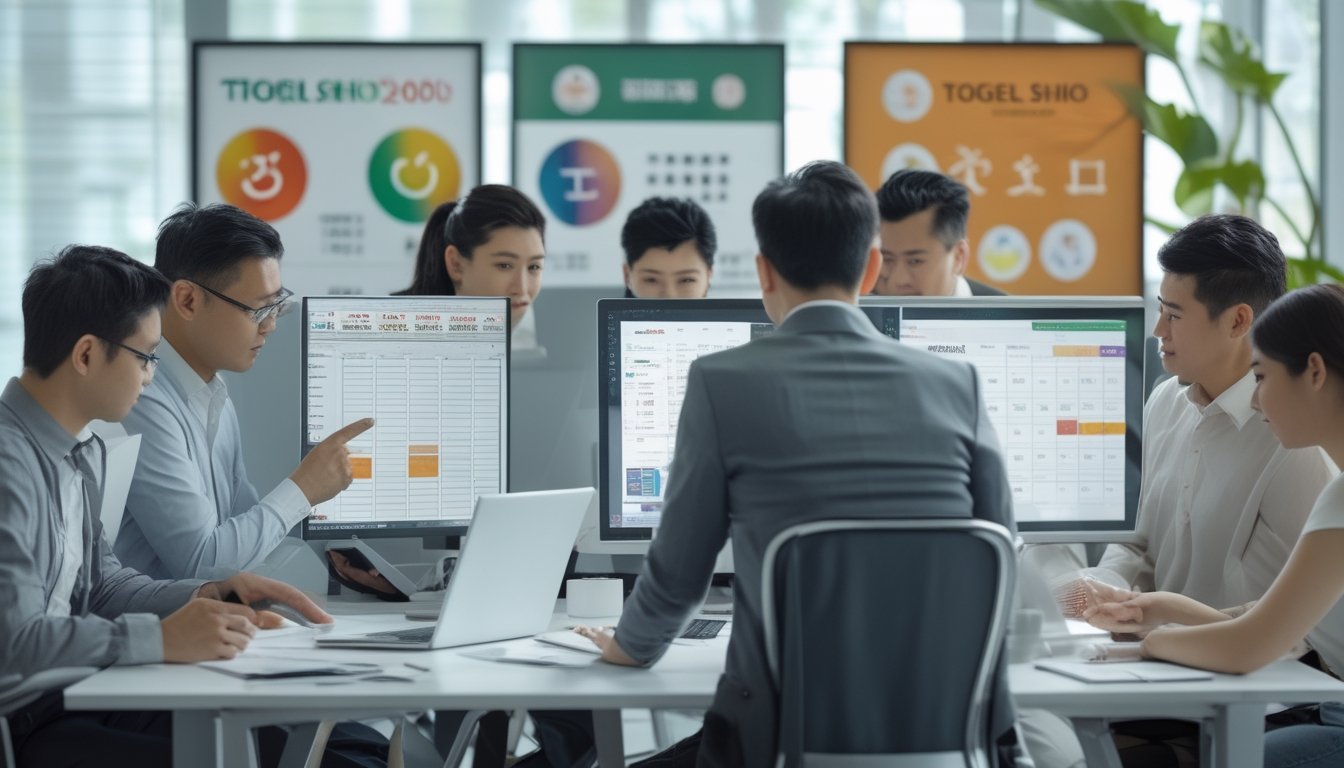 Orang-orang di kantor modern sedang menganalisis data di layar komputer yang menampilkan simbol zodiak dan angka terkait Togel Shio.