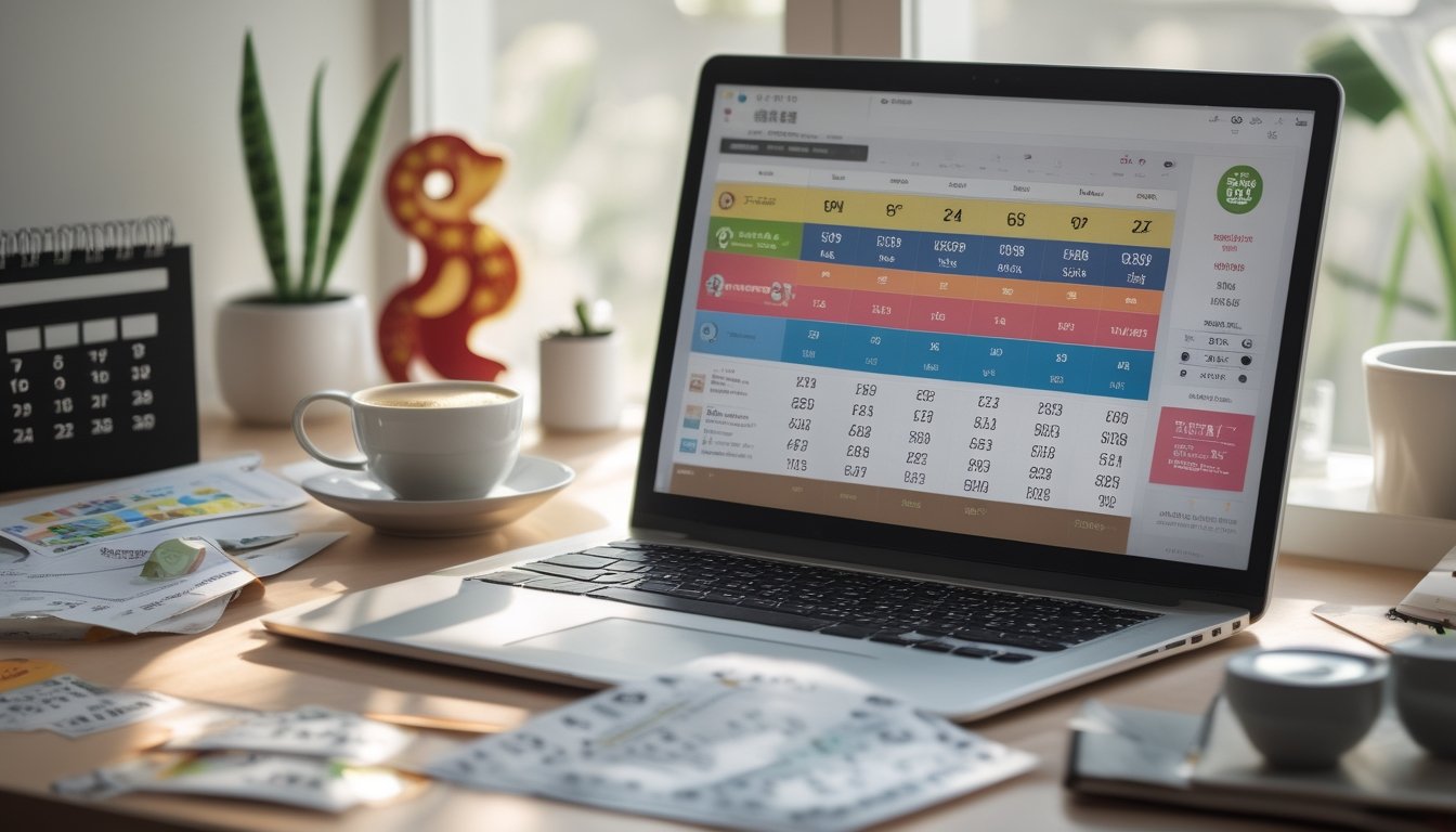 Meja kerja dengan laptop menampilkan grafik angka togel, tiket togel, secangkir kopi, dan catatan tulisan tangan, dengan dekorasi kecil bertema shio di latar belakang.