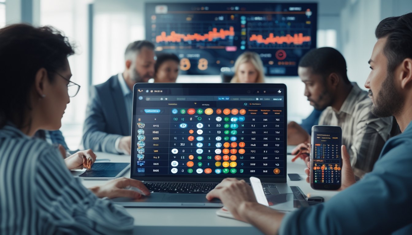 Beberapa orang dewasa sedang menggunakan perangkat digital untuk melihat dan menganalisis data togel online di sebuah ruang kerja modern.