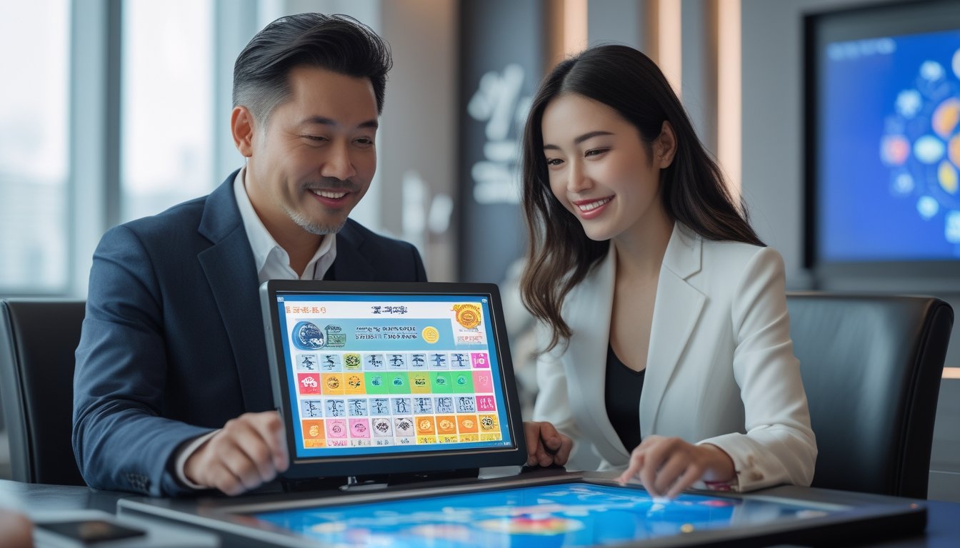 Dua orang dewasa duduk di meja permainan modern dengan perangkat digital menampilkan simbol Shio dan angka togel, terlihat fokus dan optimis.
