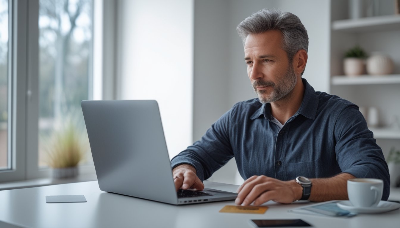 Seorang pria dewasa menggunakan laptop di meja kerja modern dengan suasana yang tenang dan terang.