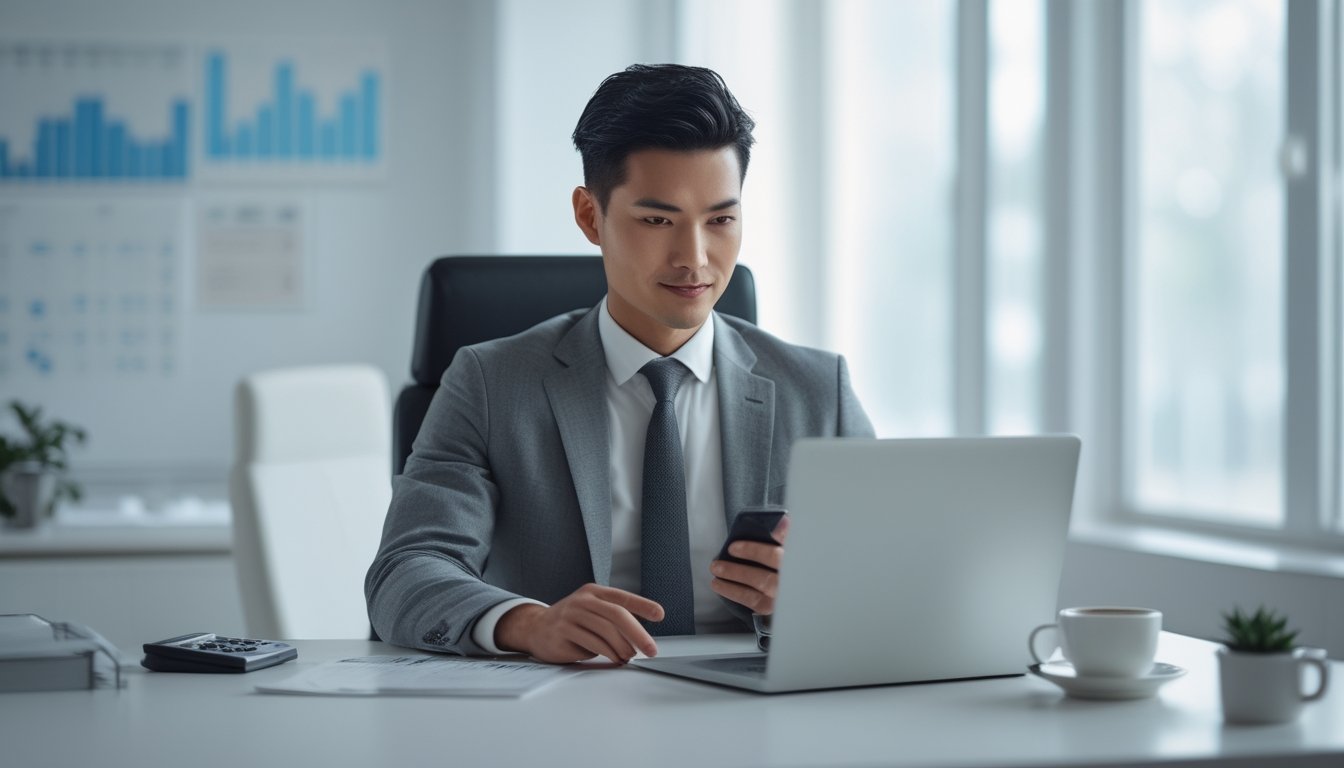 Seorang pria Asia Tenggara duduk di meja kantor modern menggunakan laptop dan ponsel, terlihat fokus dan aman saat melakukan transaksi online.