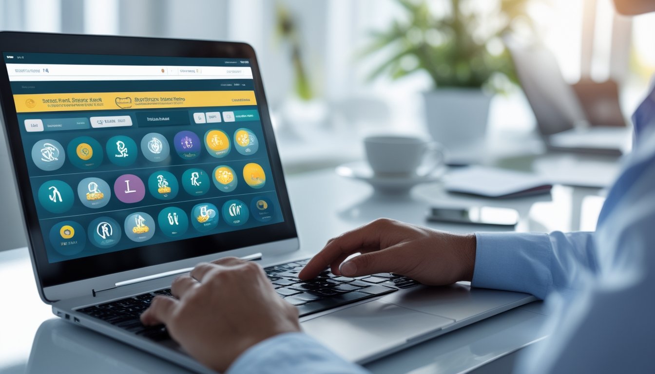 Seseorang menggunakan laptop di meja kerja dengan tampilan antarmuka platform togel online yang menampilkan ikon shio, di lingkungan kantor yang terang dan rapi.