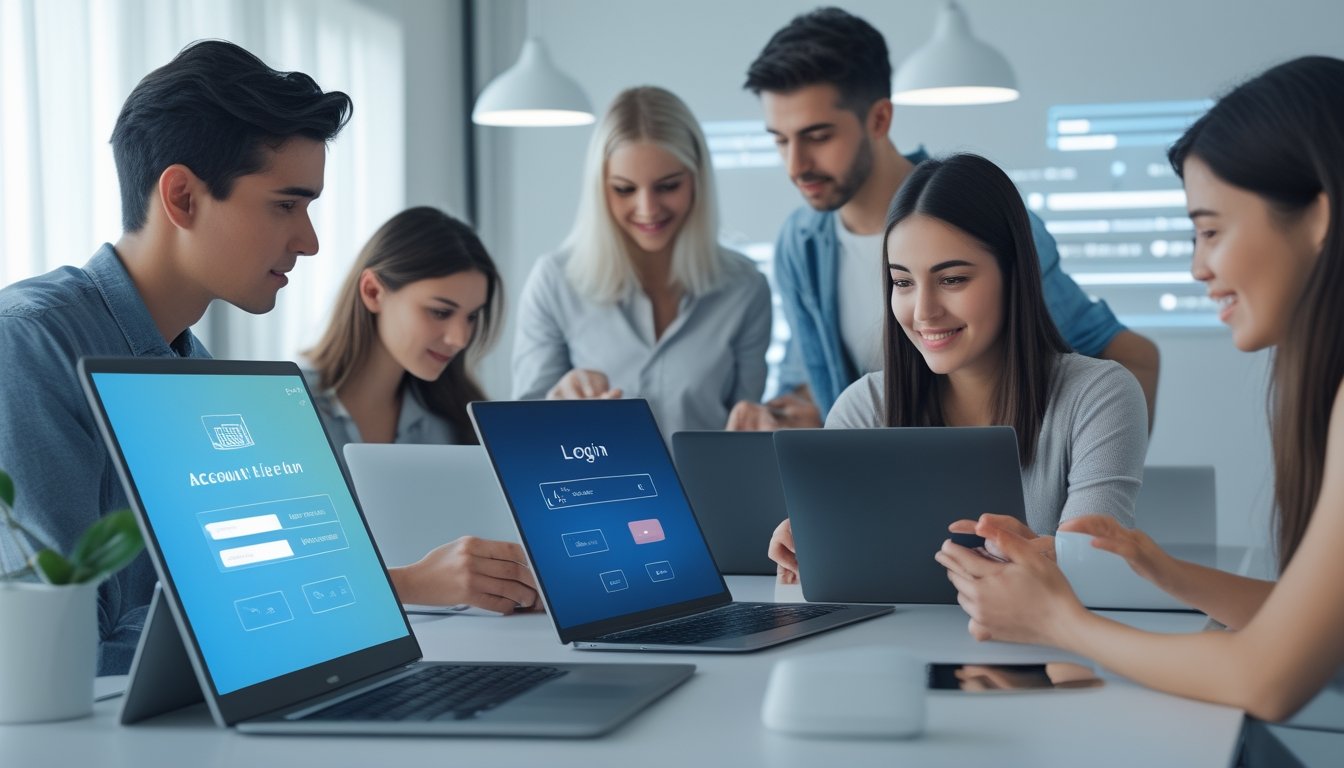 Beberapa orang menggunakan perangkat digital untuk mendaftar dan masuk ke akun secara online di sebuah ruangan modern.