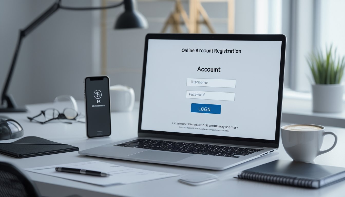Meja kerja dengan laptop yang menampilkan layar login, ponsel dengan kode verifikasi, dan cangkir kopi di sampingnya.