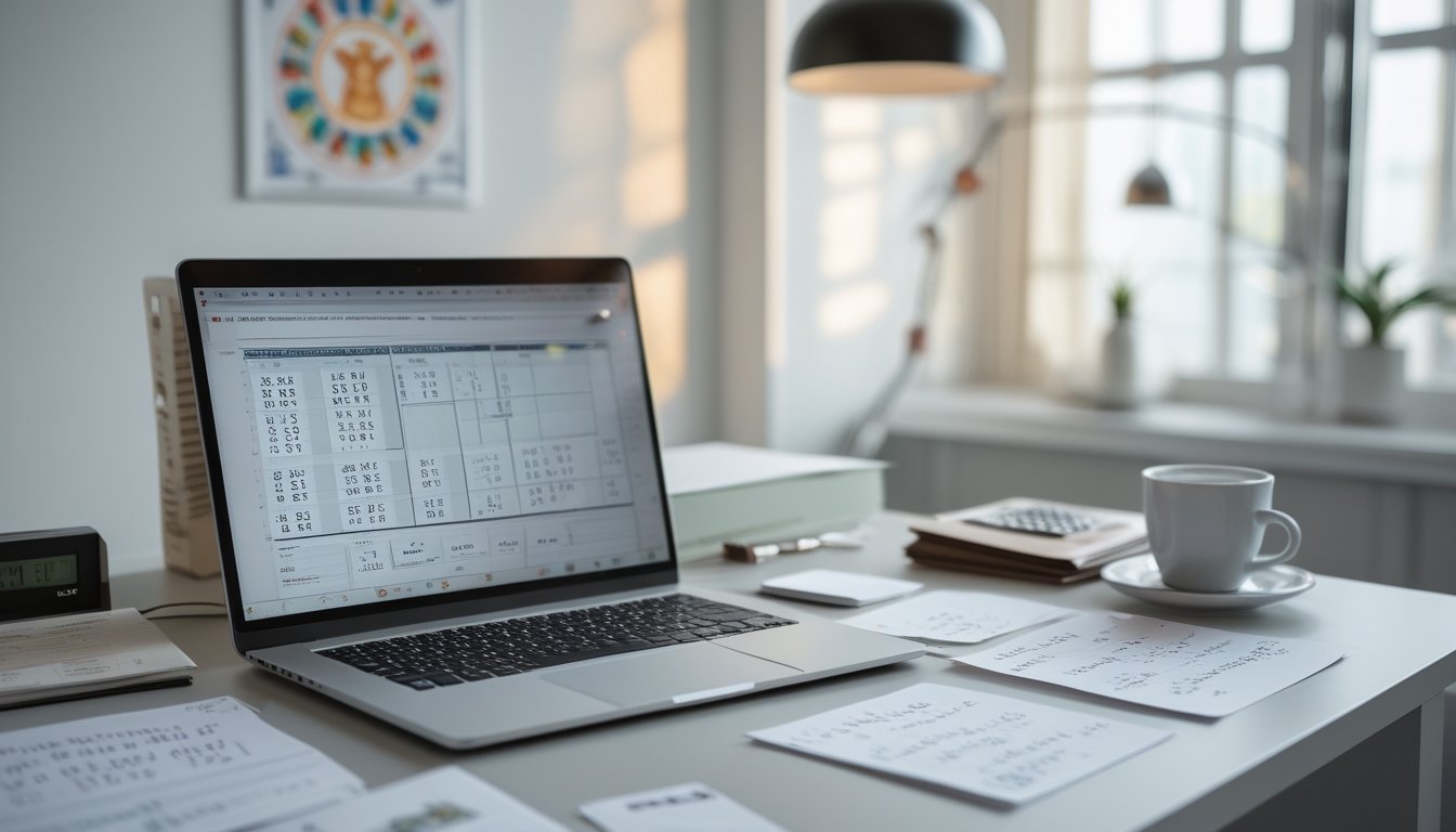 Meja kerja dengan laptop, kertas berisi catatan angka, kalkulator, dan dekorasi simbol shio, menunjukkan suasana analisis dan perhitungan togel.