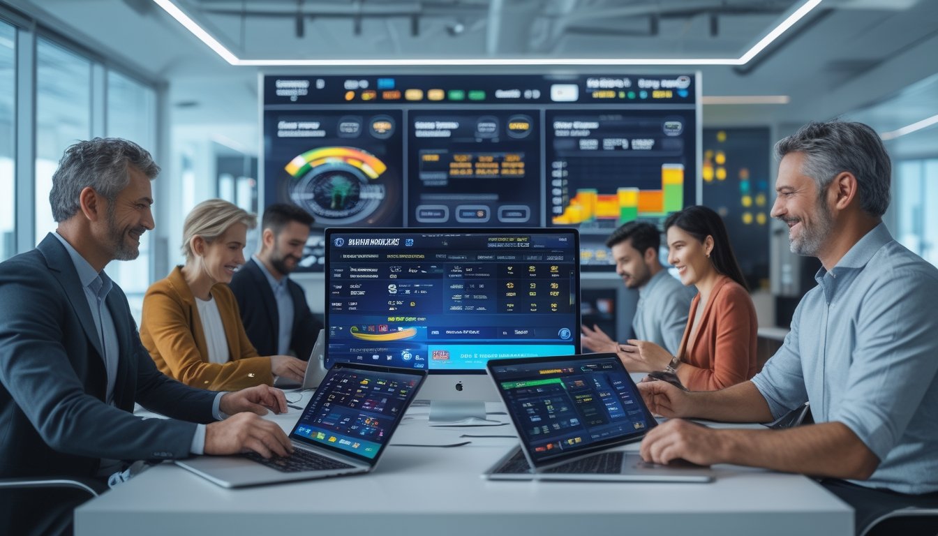 Orang-orang menggunakan perangkat digital untuk memasang taruhan olahraga dalam suasana kantor modern dengan layar besar menampilkan pertandingan sepak bola dan statistik taruhan.