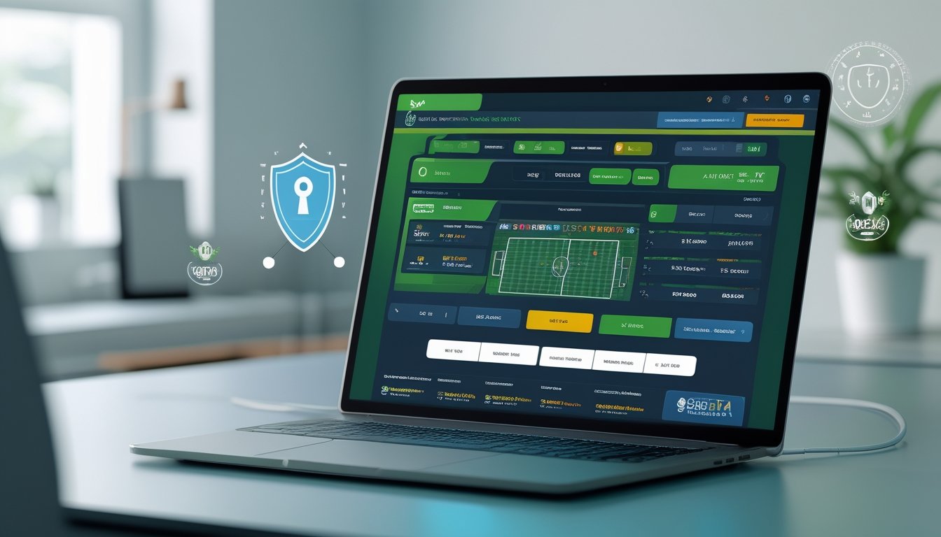 Seorang pengguna sedang melihat layar komputer yang menampilkan situs taruhan bola dengan tampilan profesional dan simbol keamanan di latar belakang.