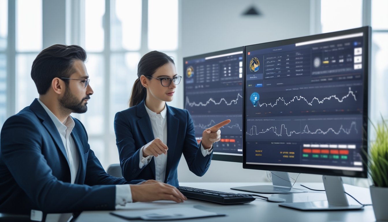 Seorang pria dan wanita duduk di meja kantor modern, melihat layar komputer yang menampilkan data taruhan olahraga dengan fokus dan serius.