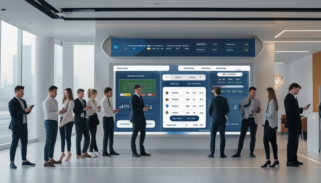 Orang-orang muda menggunakan perangkat digital untuk bertaruh pada pertandingan sepak bola di lingkungan kantor modern.