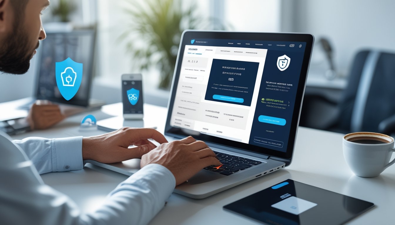 Seseorang menggunakan laptop di meja kerja dengan ikon keamanan digital di latar belakang, menggambarkan lingkungan taruhan bola online yang aman.