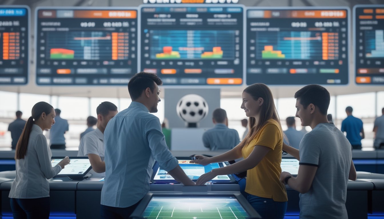 Orang-orang sedang menggunakan perangkat taruhan olahraga di ruang taruhan modern dengan layar digital besar menampilkan statistik dan peluang pertandingan sepak bola.