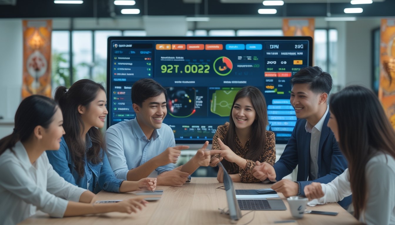 Sekelompok orang muda sedang berdiskusi dan melihat layar digital dengan data olahraga dan taruhan di sebuah kantor modern.