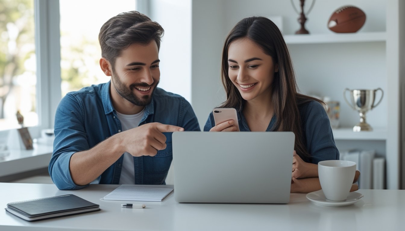 Seorang pria dan wanita muda duduk bersama di meja kerja, fokus mendaftar akun taruhan bola secara online menggunakan laptop dan ponsel di ruang kerja rumah yang terang.