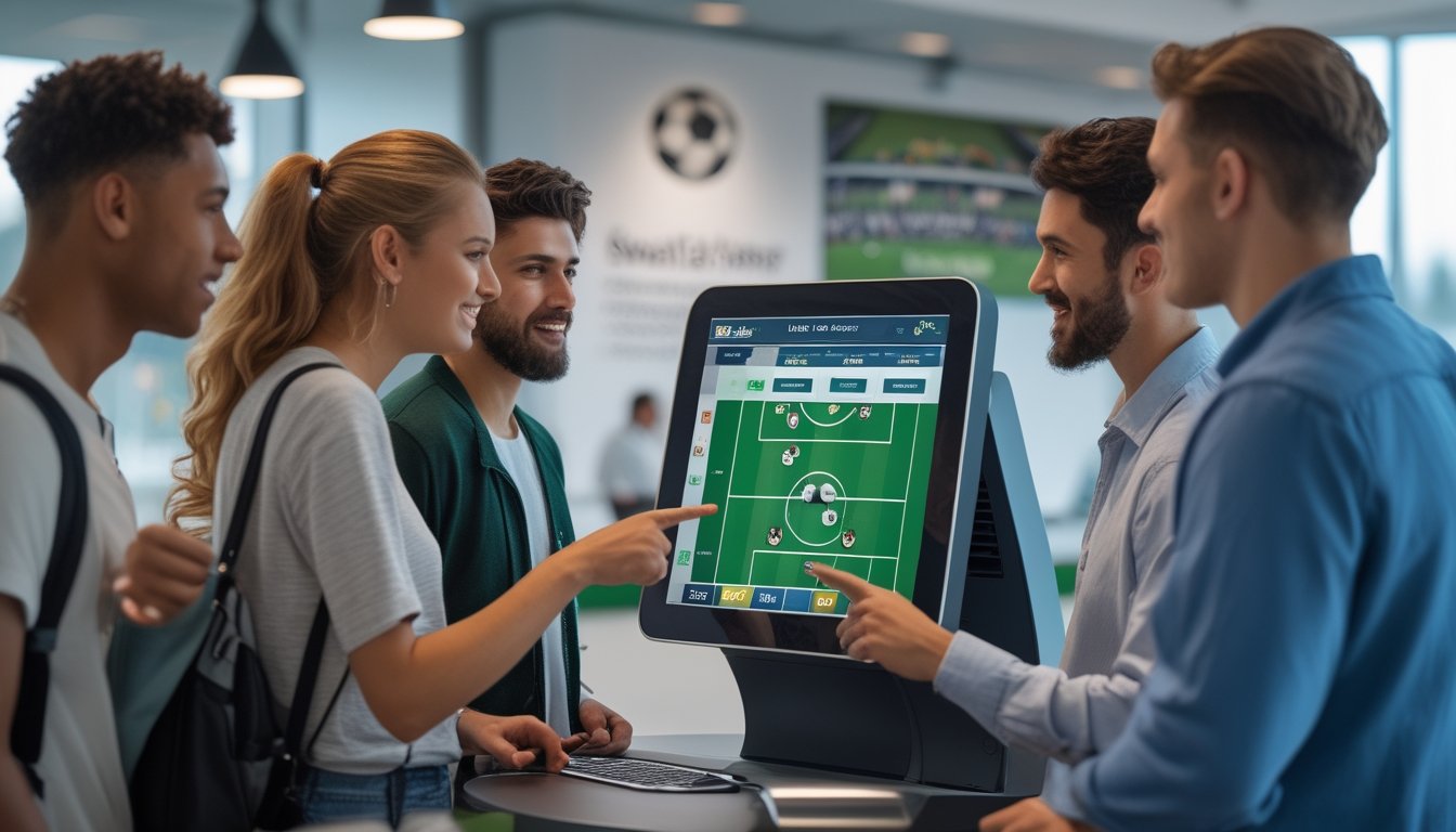 Sekelompok orang muda sedang melihat layar taruhan sepak bola dengan antusias di lingkungan yang nyaman dan modern.