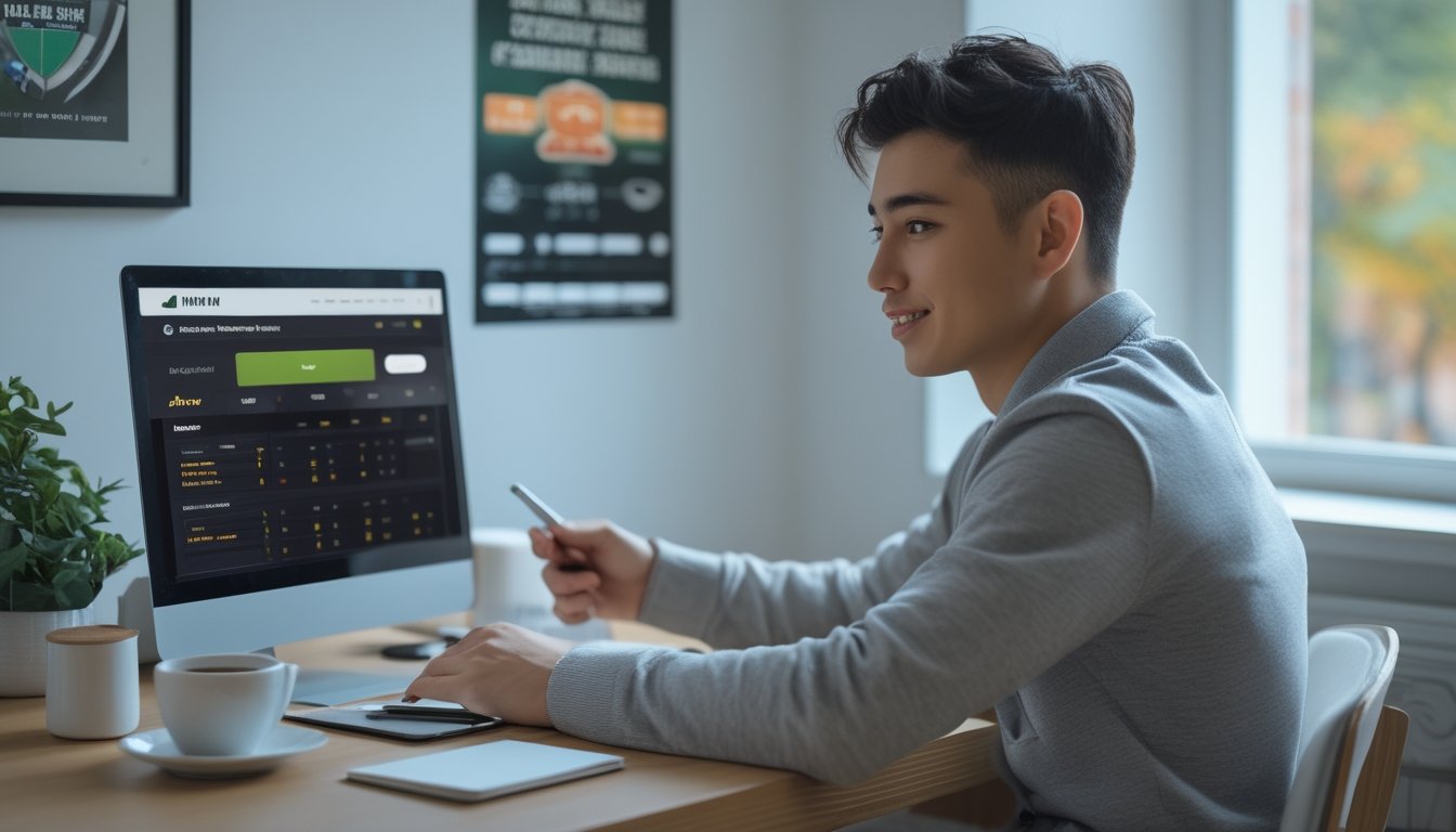 Seorang pemula taruhan bola muda duduk di meja rumah dengan laptop, terlihat fokus dan optimis, dengan latar belakang tema olahraga.