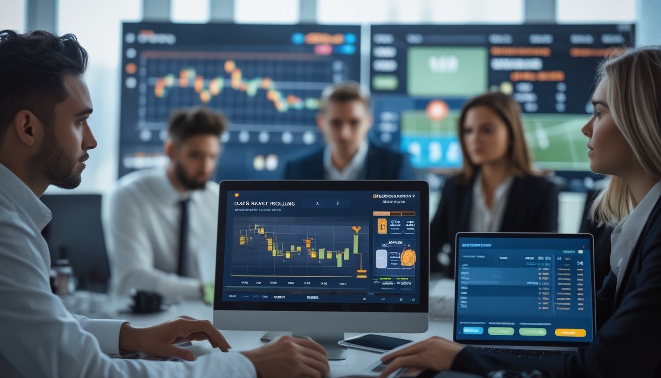 Seorang profesional sedang menganalisis grafik keuangan dan data cashback di kantor modern dengan perangkat digital, latar belakang menunjukkan tema taruhan sepak bola.