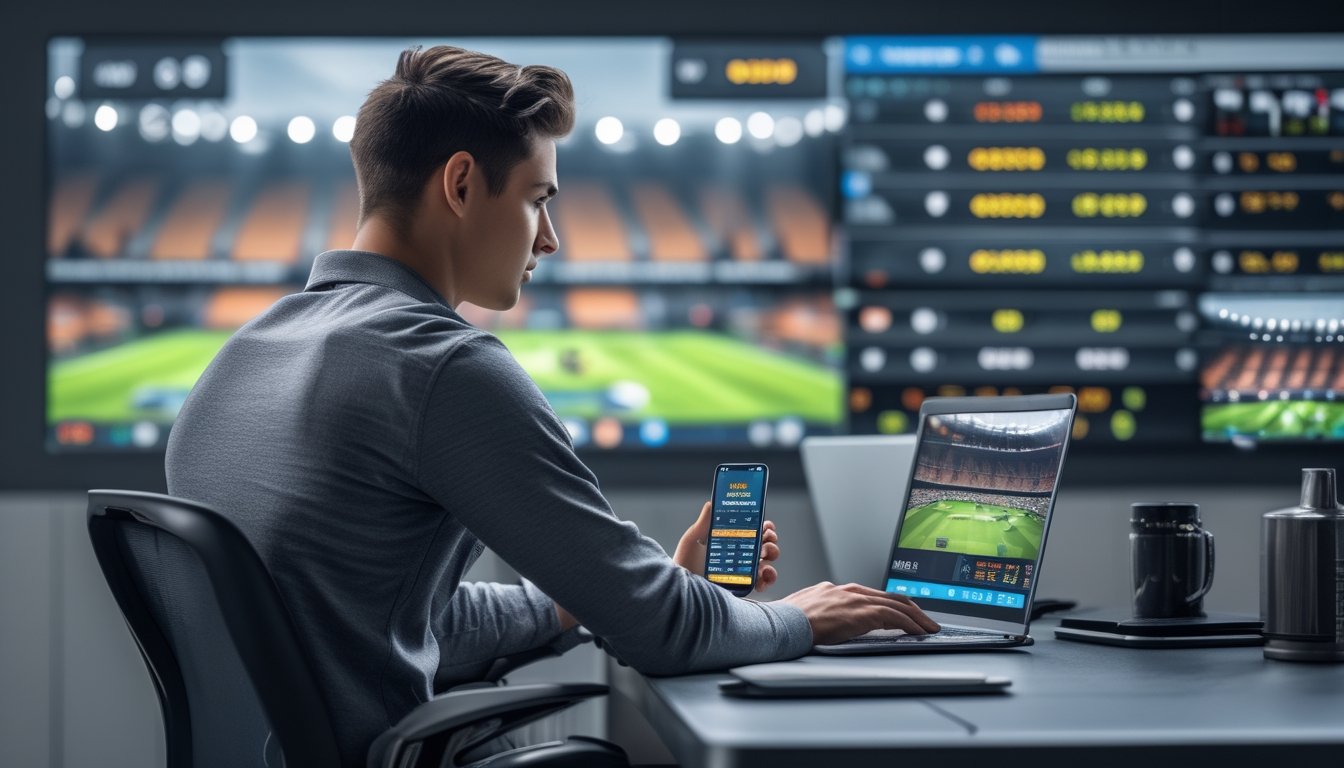 Seorang pria muda duduk di meja dengan beberapa perangkat digital yang menampilkan statistik pertandingan sepak bola dan peluang taruhan.