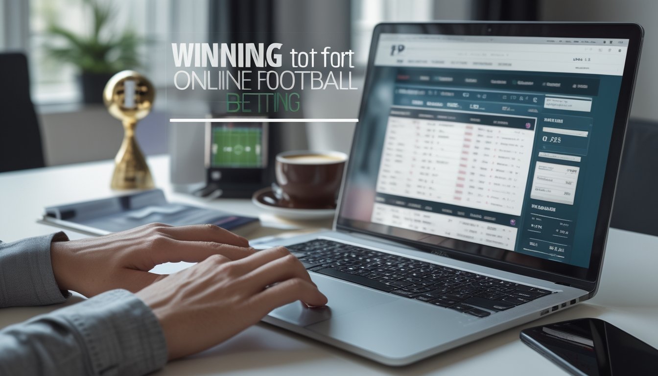 Meja kerja dengan laptop yang menampilkan situs taruhan bola online, smartphone dengan skor pertandingan sepak bola, dan tangan seseorang yang sedang mengetik.