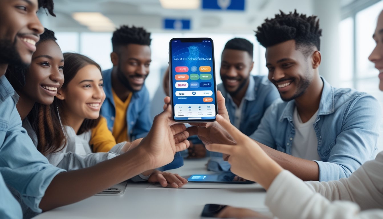 Sekelompok orang muda menggunakan ponsel pintar untuk melakukan transaksi e-wallet dengan latar belakang kantor modern dan simbol bank lokal.