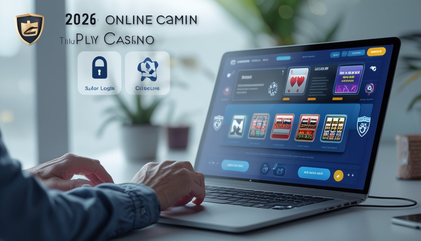 Seorang pengguna dewasa sedang menggunakan komputer dengan tampilan situs casino online yang aman dan terpercaya di ruang kerja yang bersih dan terang.