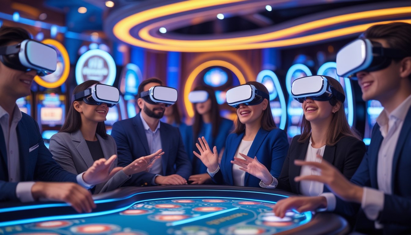 Beberapa orang menggunakan headset realitas virtual di kasino virtual futuristik dengan mesin slot holografik dan meja poker digital.