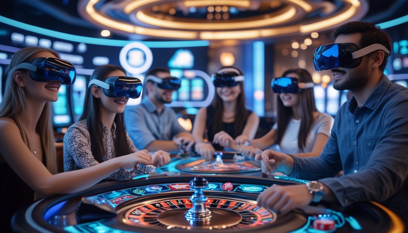 Sekelompok orang muda menggunakan headset realitas virtual di lingkungan kasino futuristik dengan permainan kasino holografik di sekitar mereka.