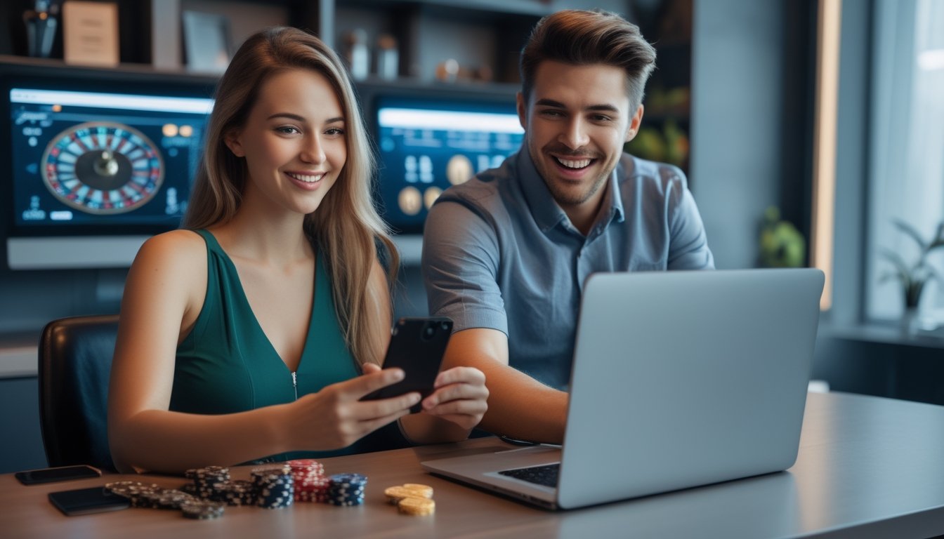 Seorang pria dan wanita muda duduk di depan laptop dan ponsel, bermain permainan kasino langsung online dengan ekspresi fokus dan senang di ruangan yang nyaman.