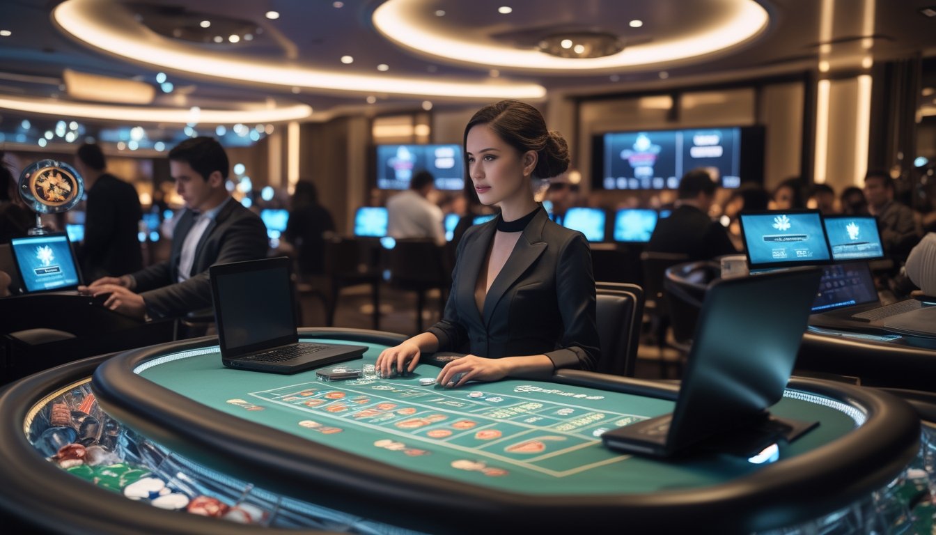 Seorang dealer wanita di meja kasino dengan pemain yang menggunakan perangkat digital untuk bermain live casino online.