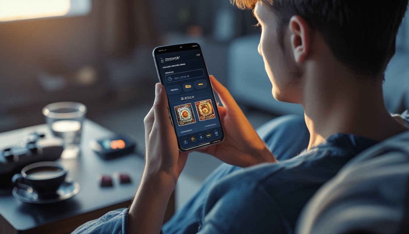 Seseorang sedang menggunakan smartphone untuk bermain game kasino online di dalam ruangan yang nyaman.