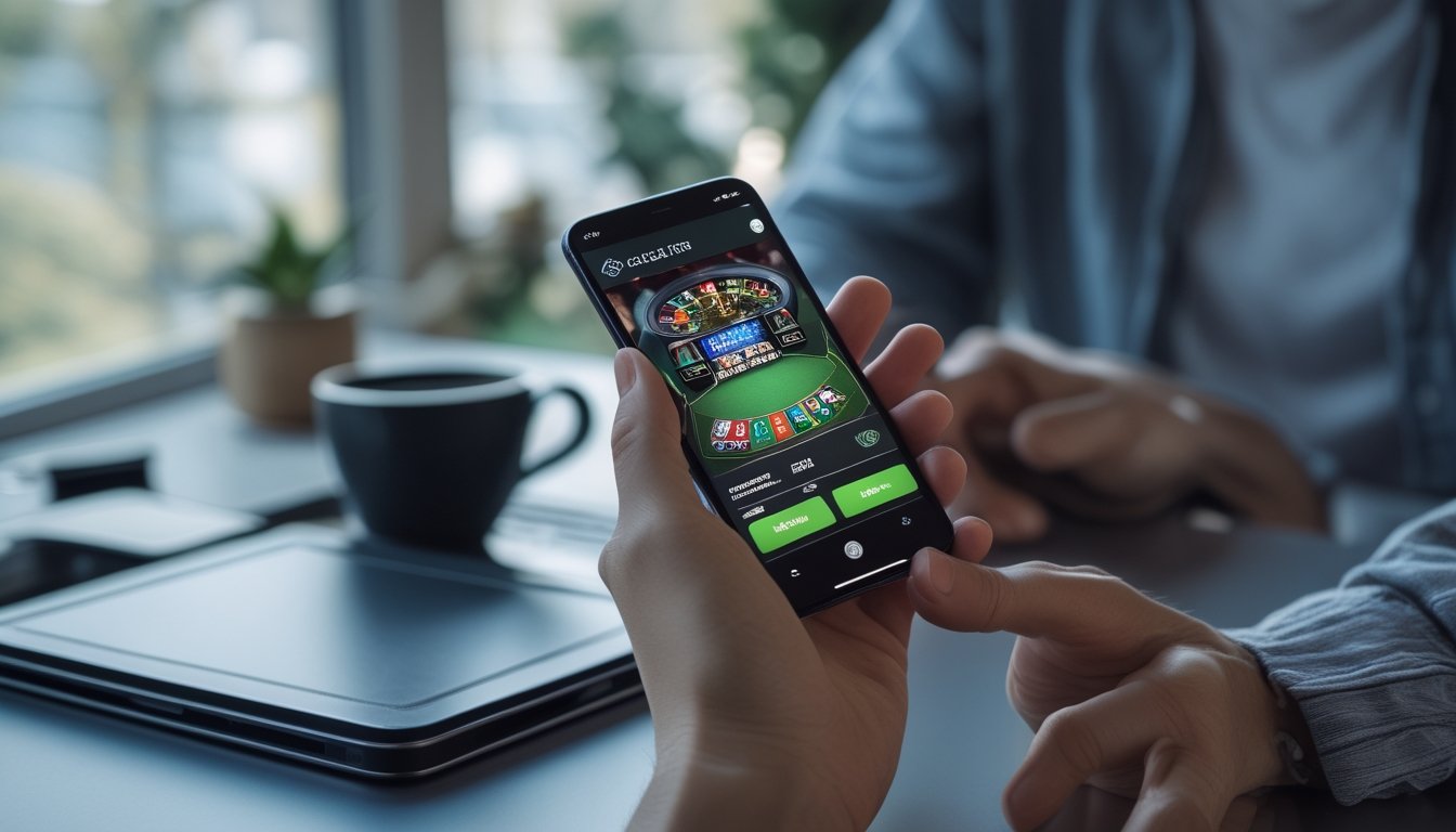 Seseorang memegang smartphone dengan tampilan permainan kasino online di meja kerja yang rapi dan terang.