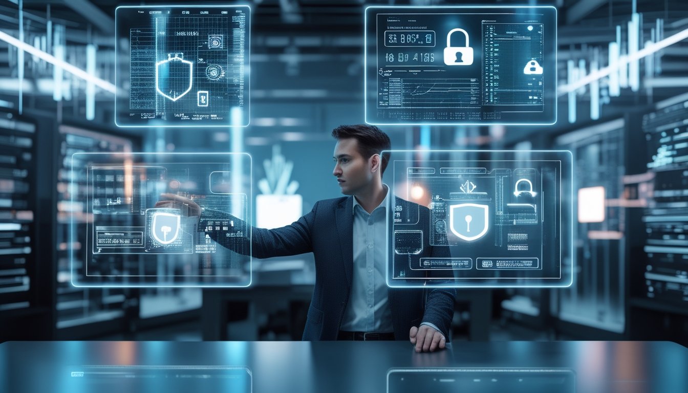 Seorang ahli keamanan siber bekerja dengan layar holografik yang menampilkan grafik data dan ikon keamanan di ruang kerja modern.