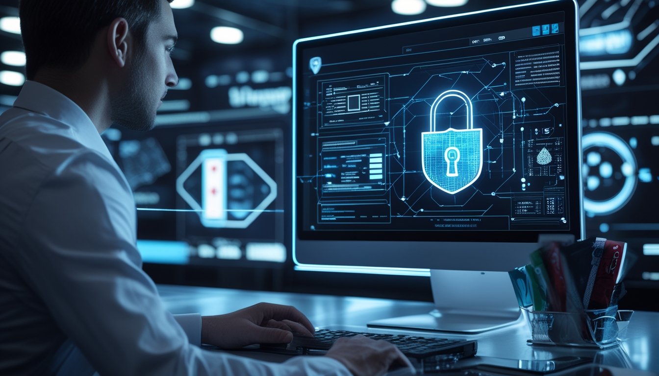 Seorang ahli keamanan siber sedang menganalisis data enkripsi pada layar komputer di kantor modern dengan latar belakang elemen kasino seperti chip poker dan kartu.