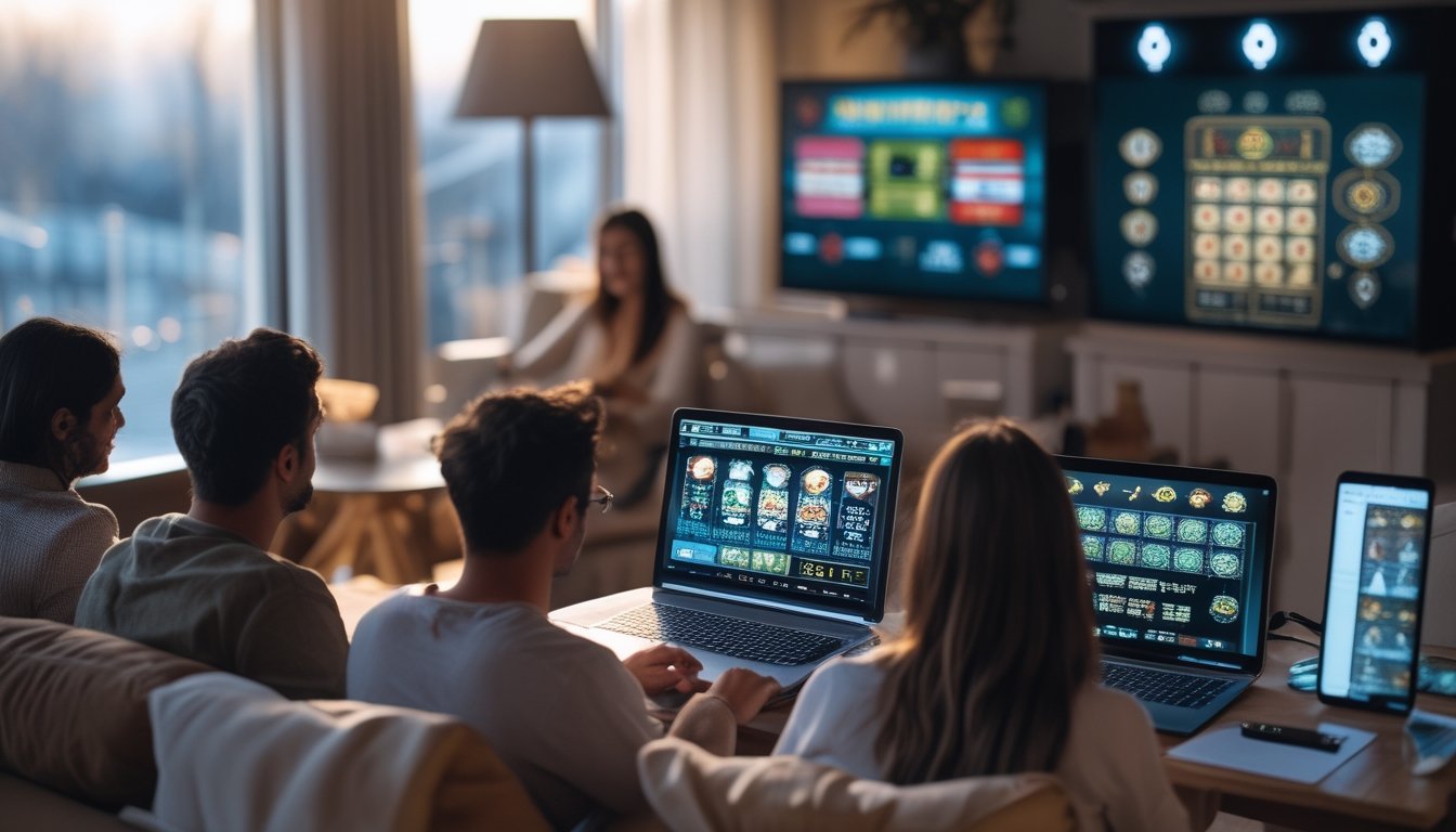 Beberapa orang bermain game kasino online dengan perangkat digital di lingkungan rumah yang nyaman.