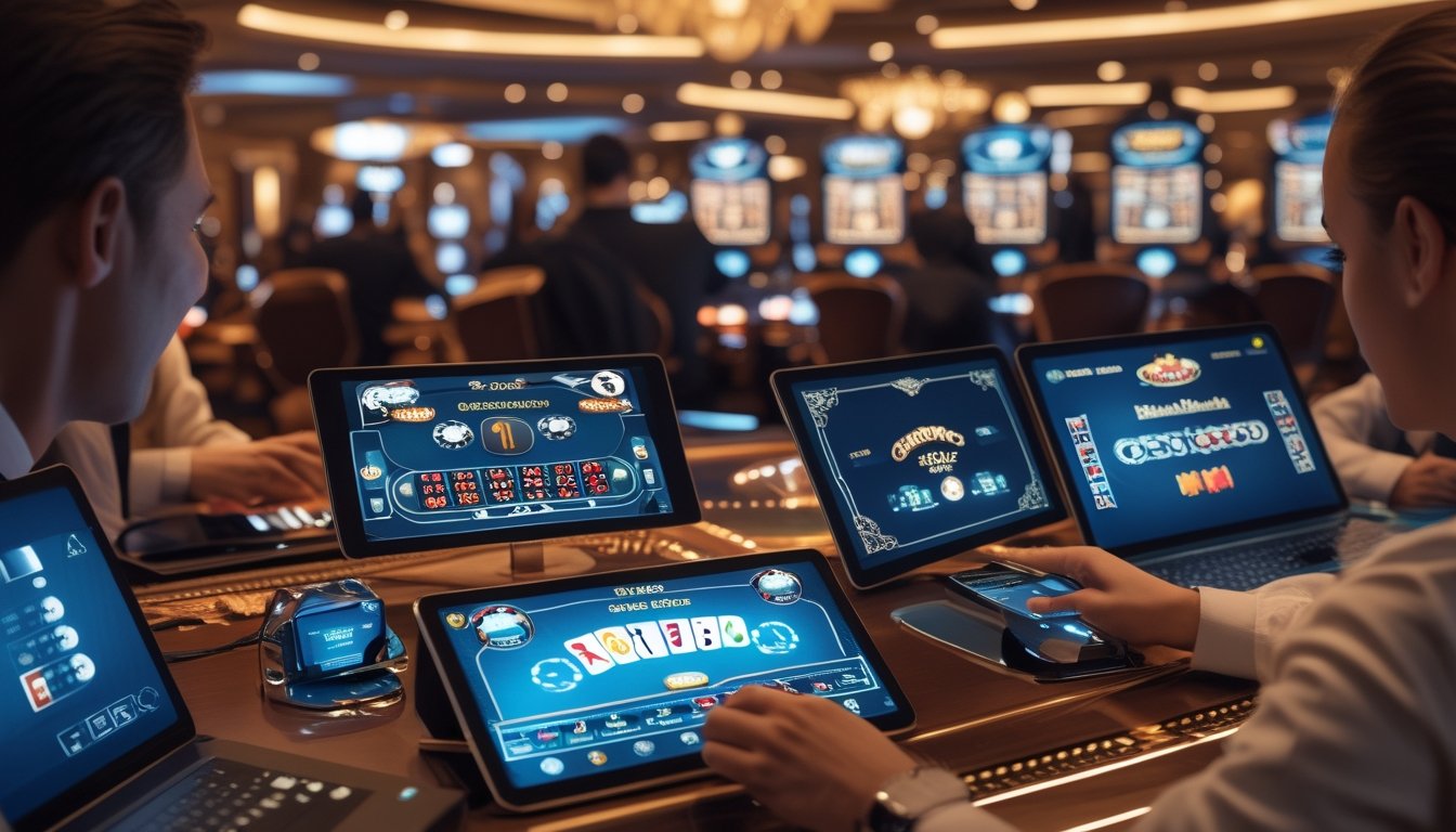 Suasana kasino online tahun 2026 dengan berbagai permainan meja populer dan pemain yang sedang bermain menggunakan perangkat digital.