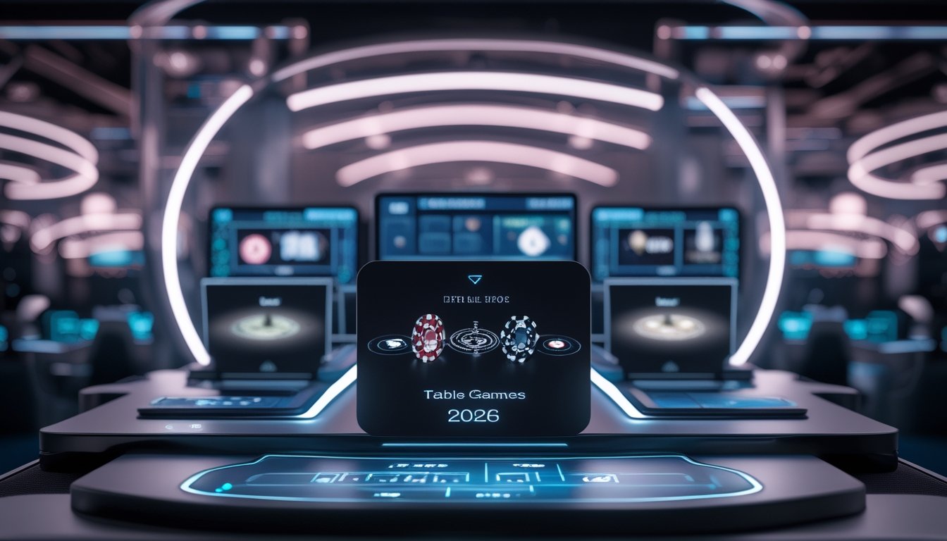 Tampilan antarmuka digital kasino online dengan berbagai permainan meja populer seperti blackjack, poker, dan roulette.