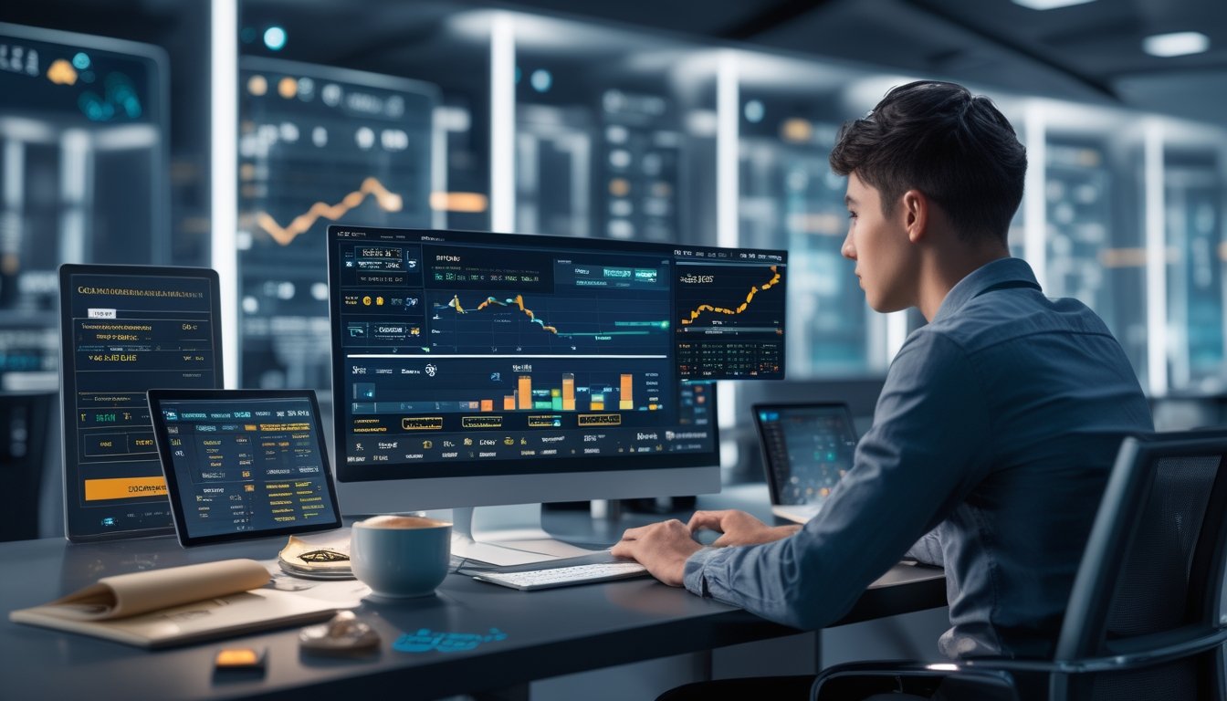 Seorang dewasa muda duduk di meja dengan perangkat digital menampilkan permainan kasino online dan grafik keuangan, fokus menganalisis data dalam suasana modern.