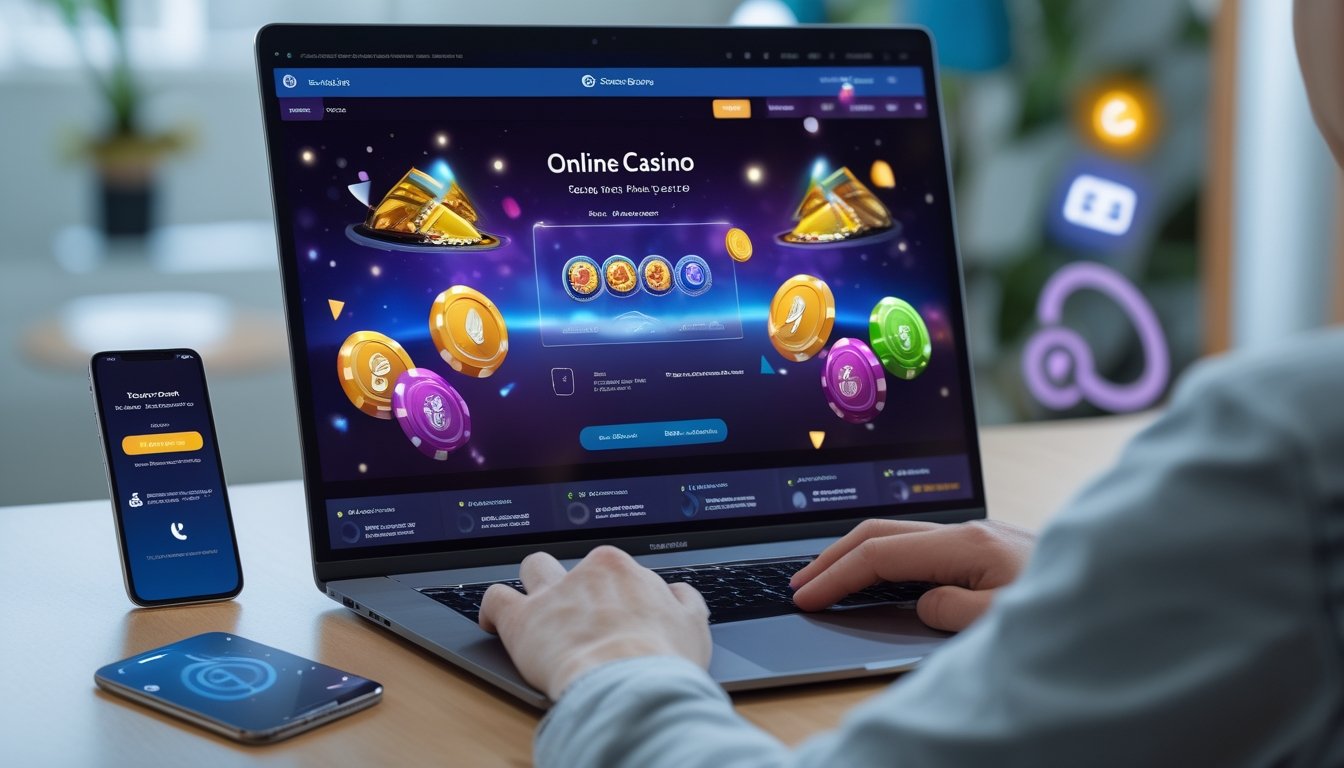 Sebuah laptop dan ponsel di meja yang menampilkan antarmuka kasino online dengan simbol pembayaran digital dan chip kasino, menggambarkan metode deposit cepat dan aman.