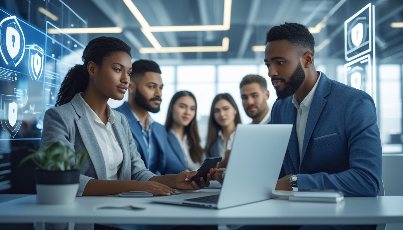 Sekelompok orang menggunakan laptop dan ponsel di kantor modern dengan ikon keamanan digital di latar belakang, menggambarkan transaksi deposit yang aman dan cepat.