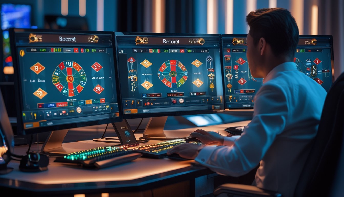 Seorang pemain menggunakan beberapa layar komputer yang menampilkan permainan baccarat online di sebuah ruangan modern.