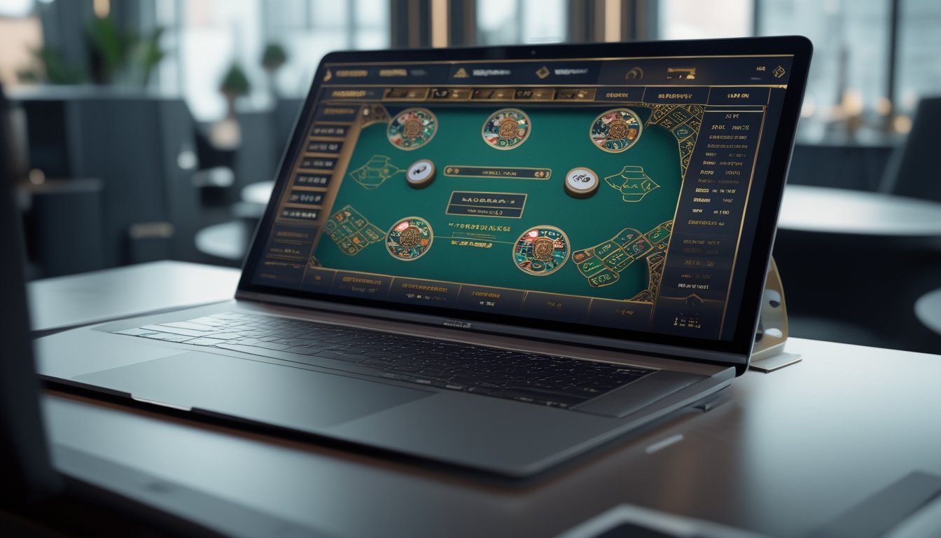Tampilan layar komputer dengan beberapa meja permainan baccarat online yang sedang aktif, di ruang dengan pencahayaan lembut.