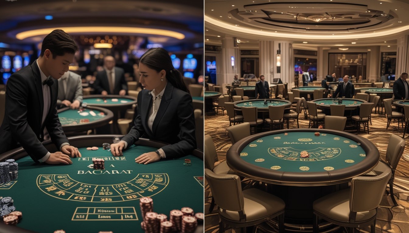 Suasana kasino dengan meja baccarat tunggal dan beberapa meja baccarat multitable yang ramai, menampilkan pemain dan dealer yang sedang bermain.
