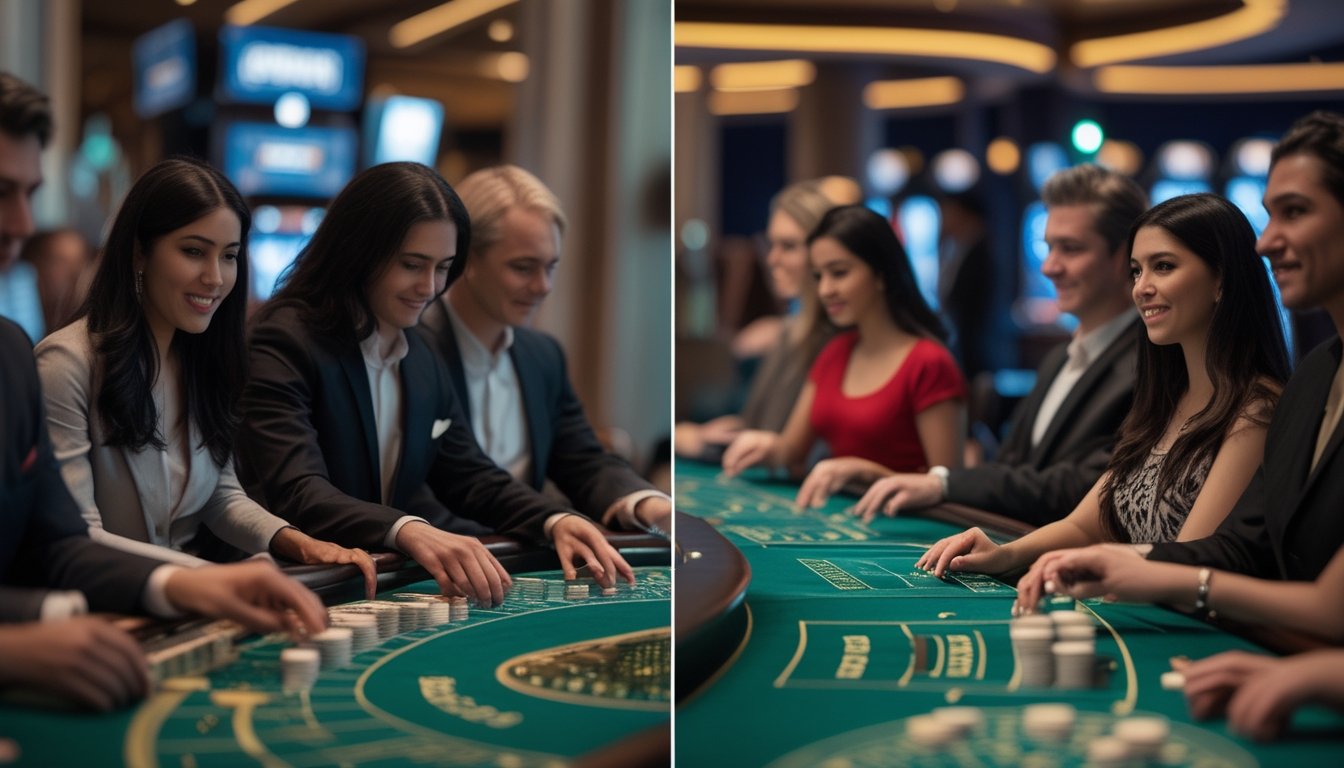Suasana kasino dengan dua meja baccarat, satu meja tunggal dan satu area multimeja, dengan pemain yang serius bermain kartu.